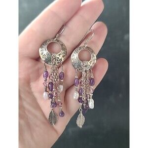 925 Sterling Silver Amethyst & Pearl Beaded Dangling Pierced Earrings Vintage